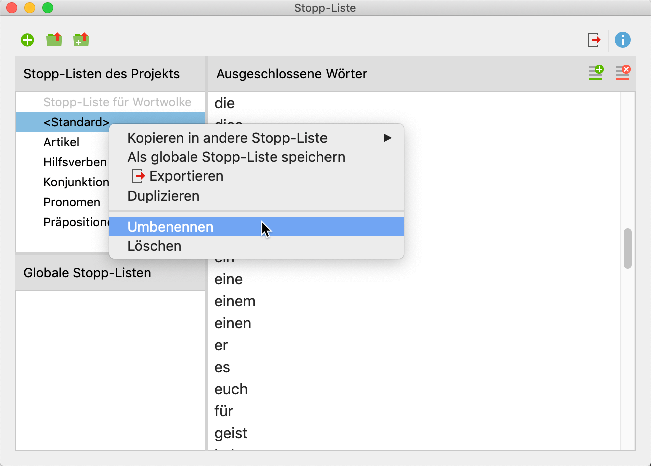 Funktionen für eine Stopp-Liste im Kontextmenü Funktionen für eine Stopp-Liste im Kontextmenü