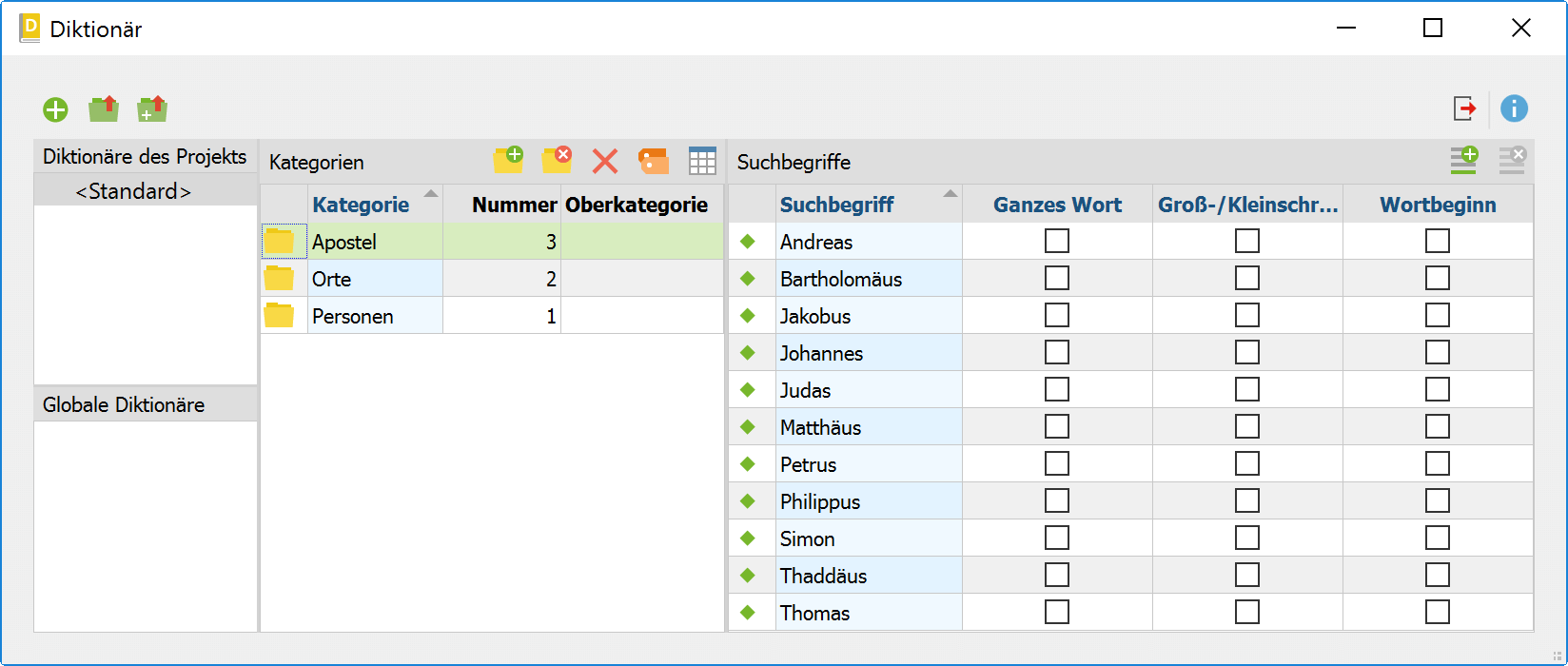 Suchbegriffe einer Kategorie im rechten Teil des Dialogfensters „Diktionär“ Suchbegriffe einer Kategorie im rechten Teil des Dialogfensters „Diktionär“
