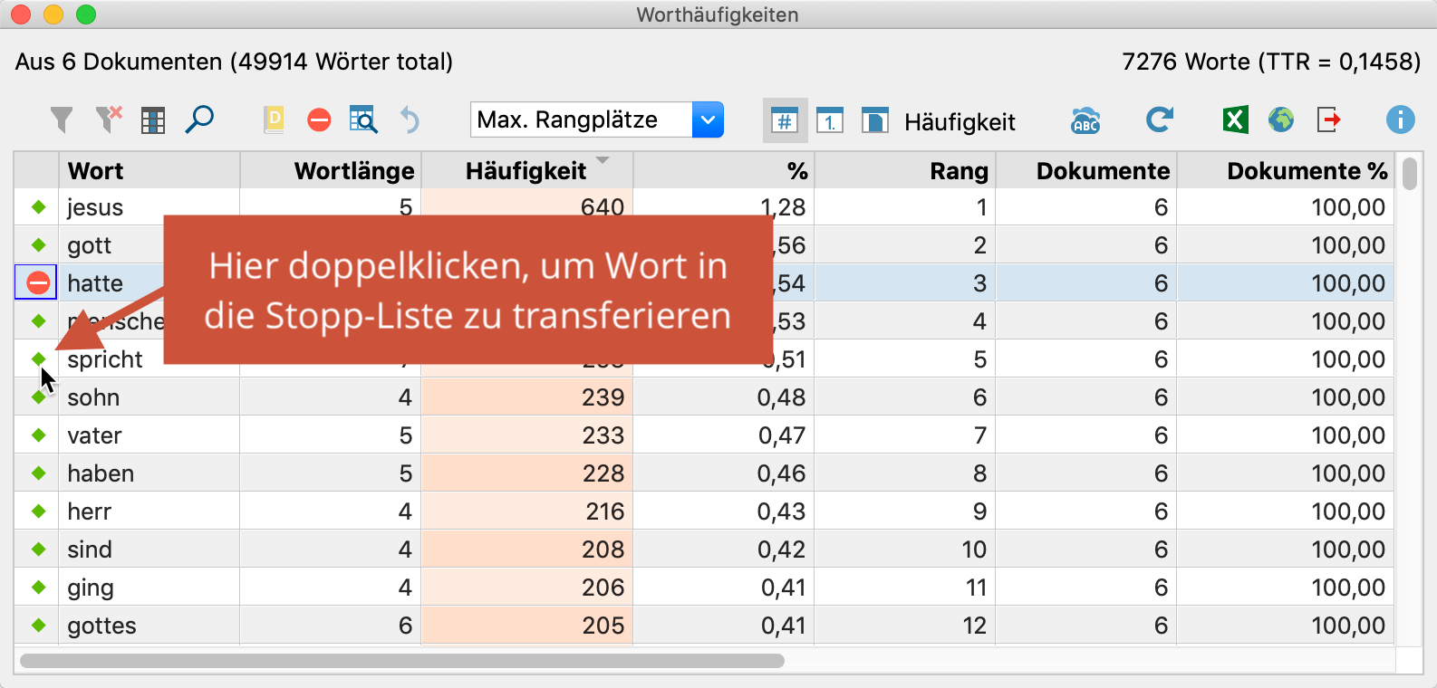 Wörter aus der Ergebnistabelle in die Stopp-Liste transferieren Wörter aus der Ergebnistabelle in die Stopp-Liste transferieren