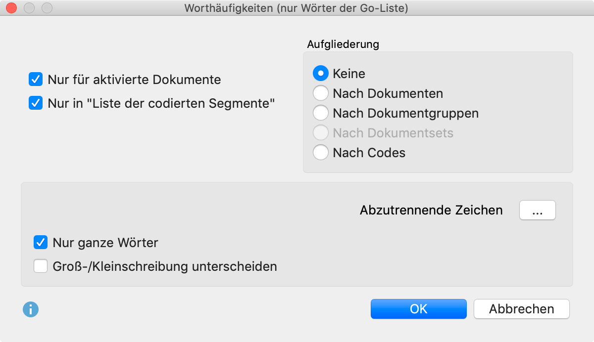 Optionsdialog für die Funktion Worthäufigkeiten (nur Wörter der Go-Liste) Optionsdialog für die Funktion Worthäufigkeiten (nur Wörter der Go-Liste)