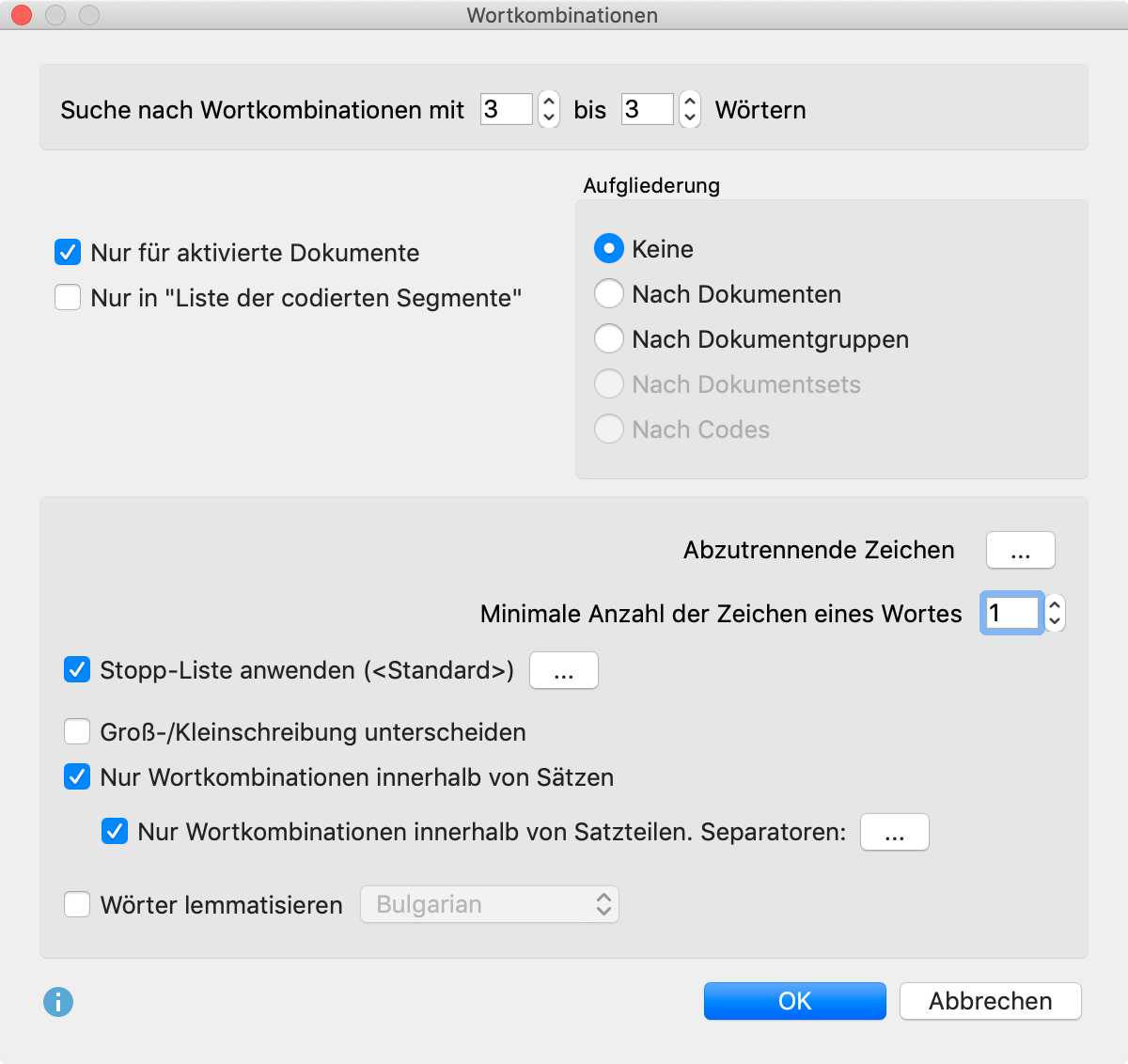 Optionen festlegen für die Bestimmung von Wortkombinationen Optionen festlegen für die Bestimmung von Wortkombinationen