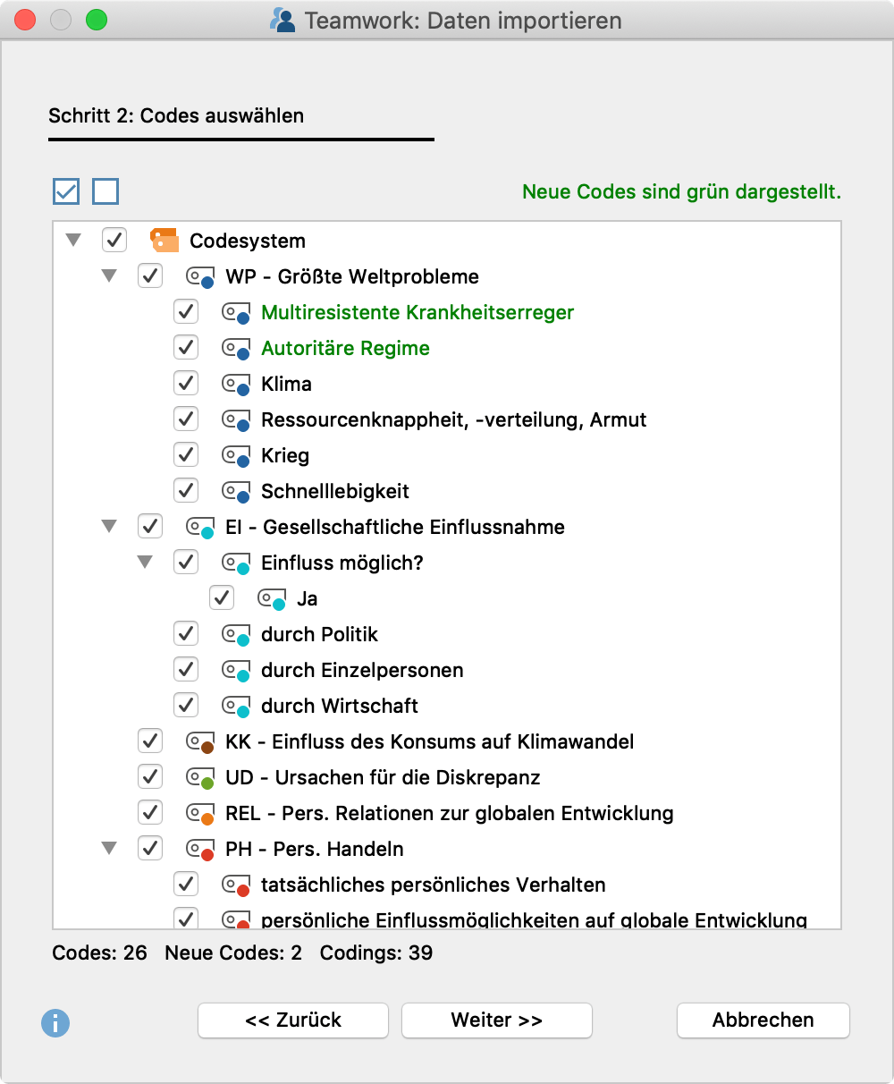 Codes auswählen Codes auswählen