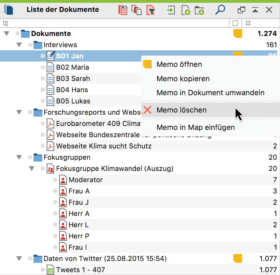 Memo löschen per Kontextmenü
Memo löschen per Kontextmenü