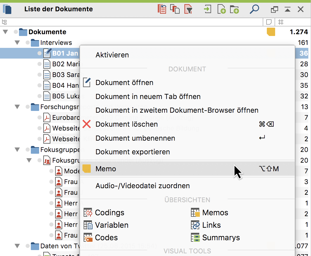 Per Kontextmenü ein neues Memo für ein Dokument erstellen Per Kontextmenü ein neues Memo für ein Dokument erstellen