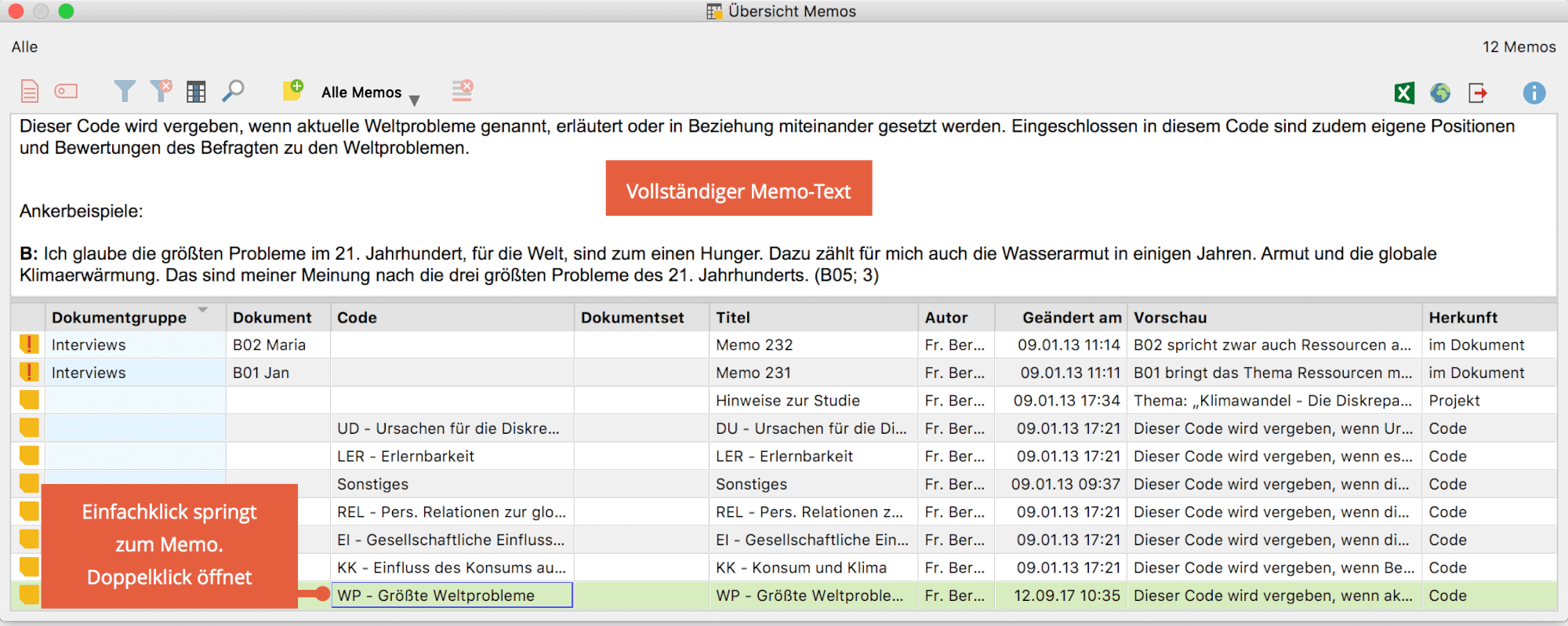 Die „Übersicht Memos“ Die „Übersicht Memos“