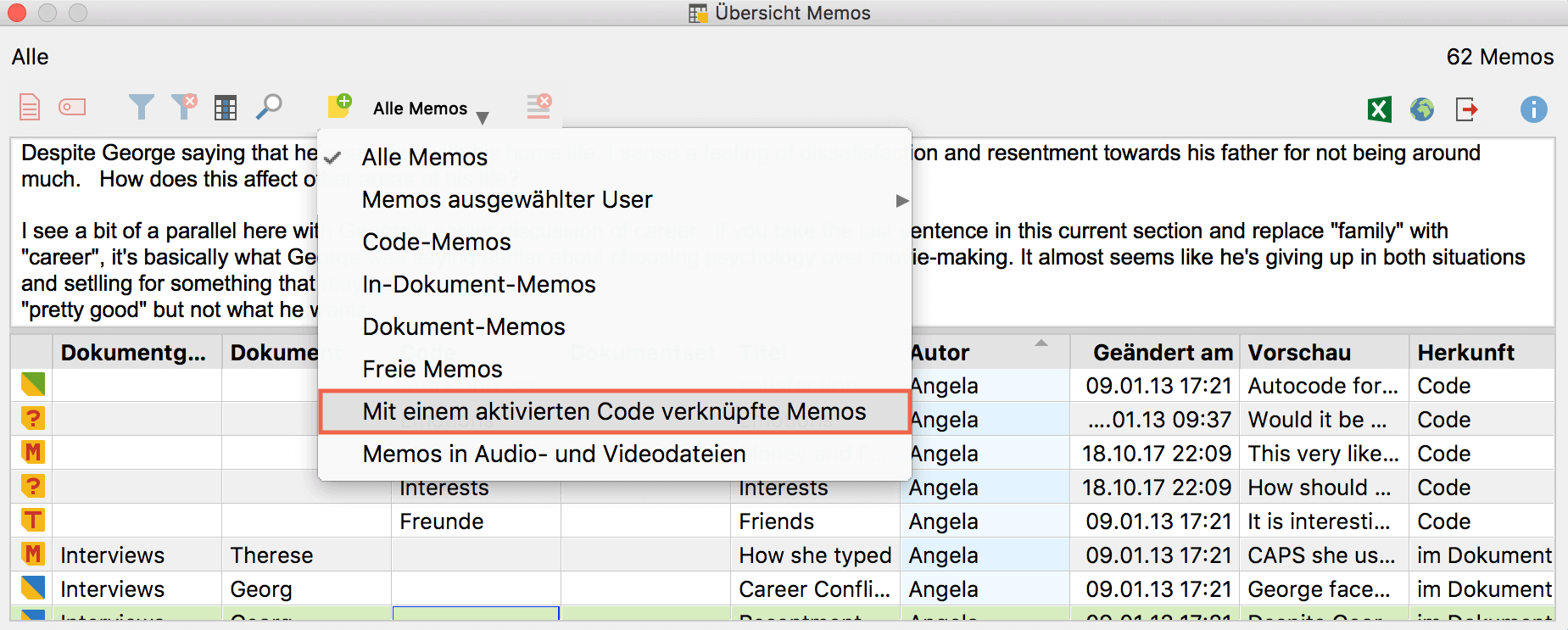 Memos aktivierter Codes in der „Übersicht Memos“ anzeigen Memos aktivierter Codes in der „Übersicht Memos“ anzeigen