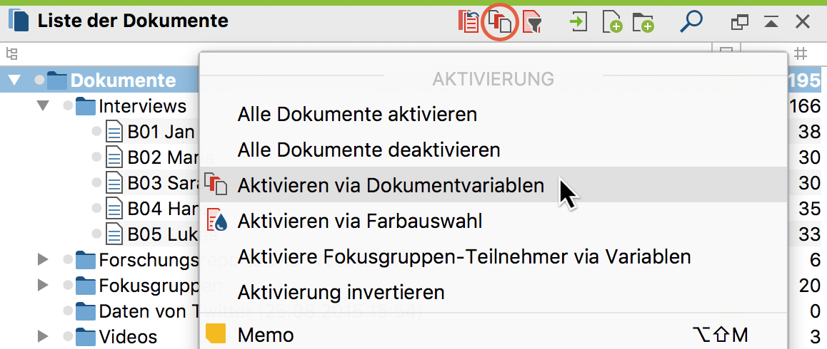„Logische Aktivierung“ aufrufen mit Hilfe des Kontextmenüs oder des Symbols in der „Liste der Dokumente“ „Logische Aktivierung“ aufrufen mit Hilfe des Kontextmenüs oder des Buttons