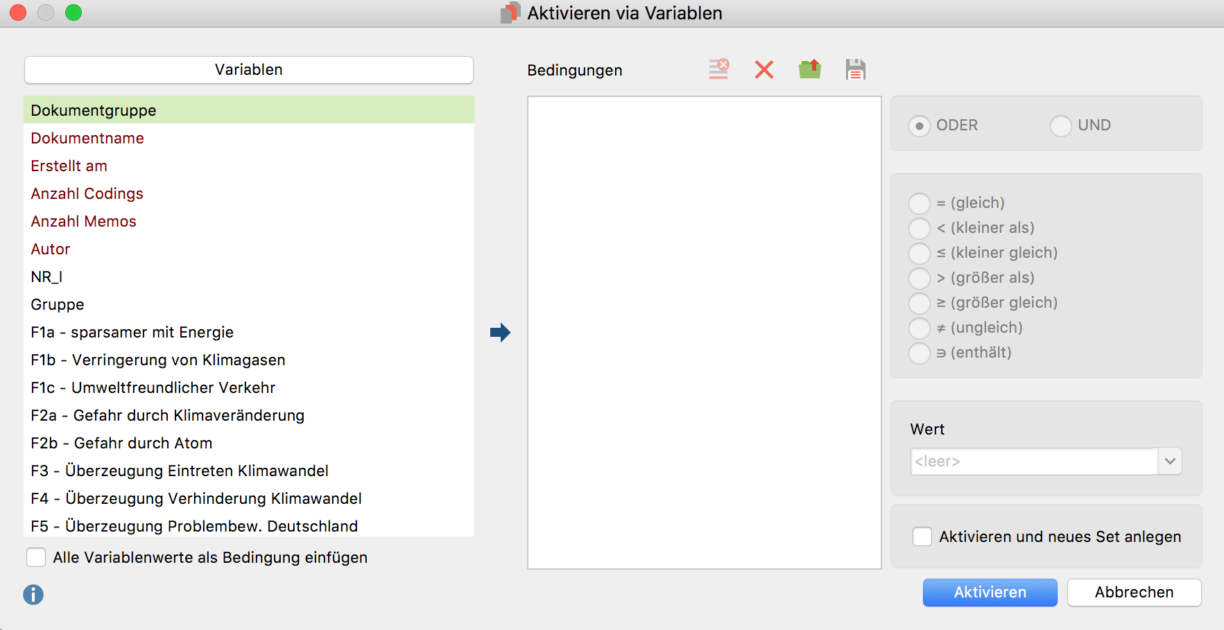 Dialogfenster „Aktivieren via Variablen“ Dialogfenster „Aktivieren via Variablen“