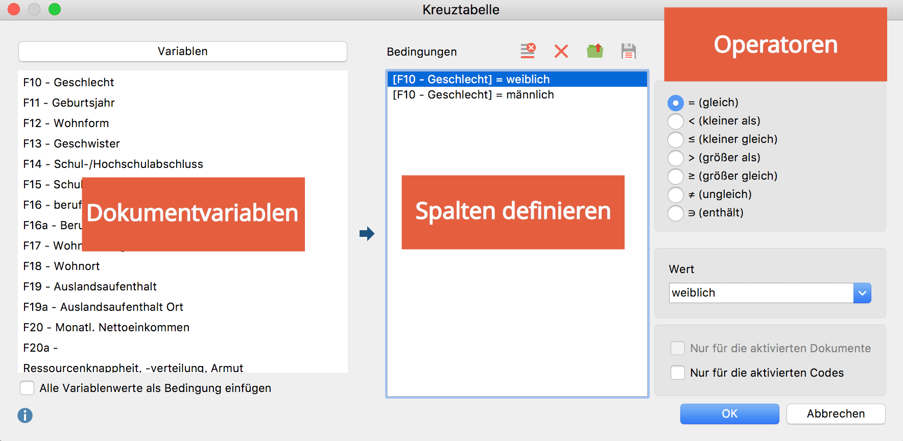 Dialogfenster „Kreuztabelle“ Dialogfenster „Kreuztabelle“