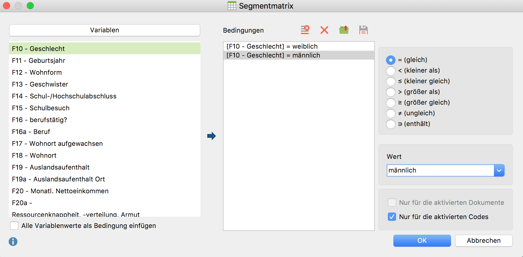Spalten für die Segmentmatrix definieren Spalten für die Segmentmatrix definieren