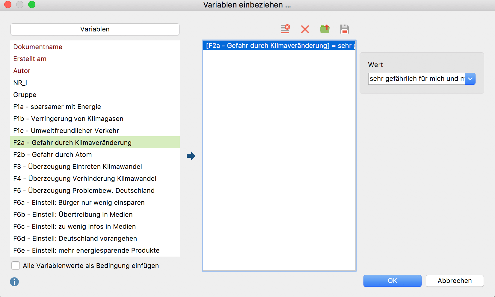 Variablenwerte auswählen bei der Analyseart „Vorkommen des Codes“ Variablenwerte auswählen bei der Analyseart „Vorkommen des Codes“