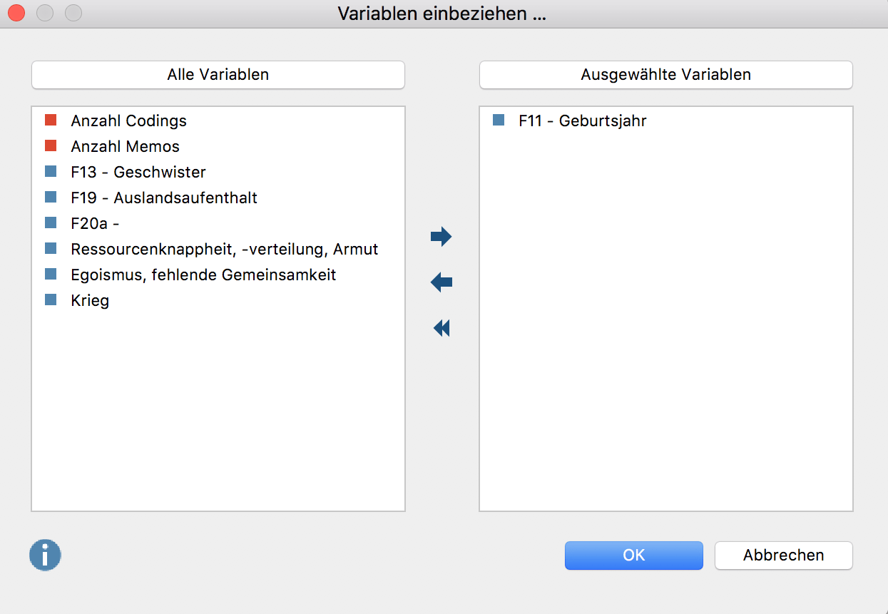 Variablenwerte auswählen bei der Analyseart „Häufigkeit des Codes“ Variablenwerte auswählen bei der Analyseart „Häufigkeit des Codes“