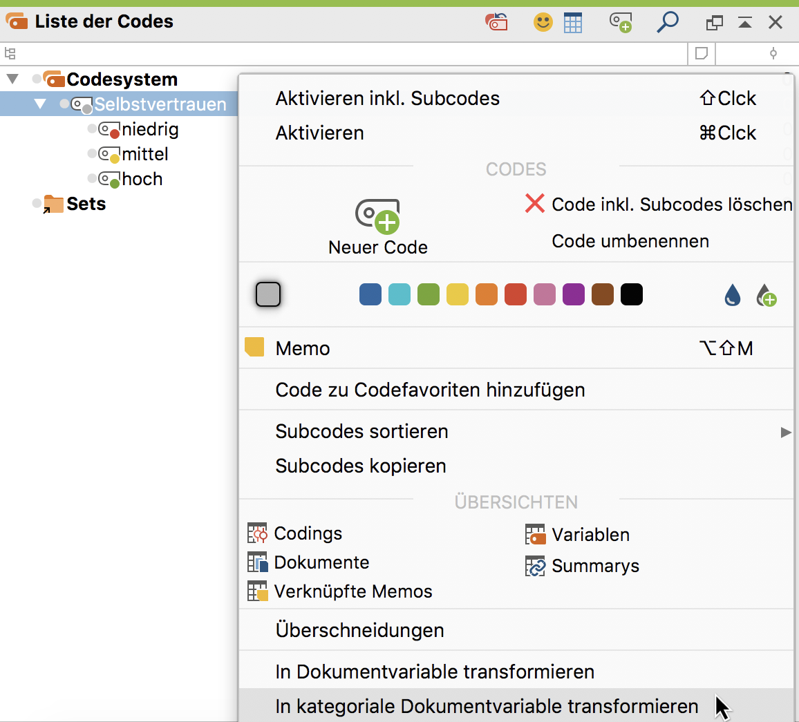 Aufruf der Funktion „in kategoriale Variablen transformieren“ aus dem Kontextmenü Aufruf der Funktion „in kategoriale Variablen transformieren“ aus dem Kontextmenü