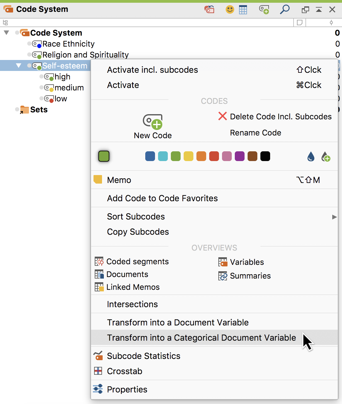 Calling up the “Transform into a categorical doc-variable” function in a code’s context menu Calling up the “Transform into a categorical doc-variable” function in a code’s context menu