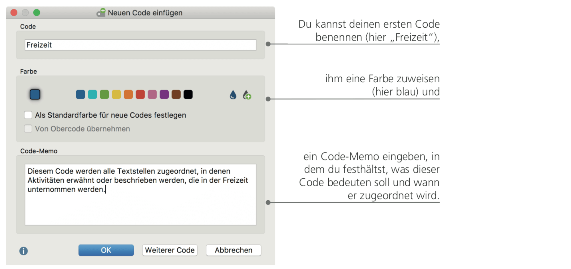 Dialogfenster Neuer Code