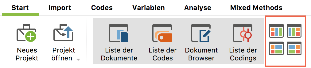 Symbole für das Ein- und Ausblenden der vier Hauptfenster Symbole für das Ein- und Ausblenden der vier Hauptfenster