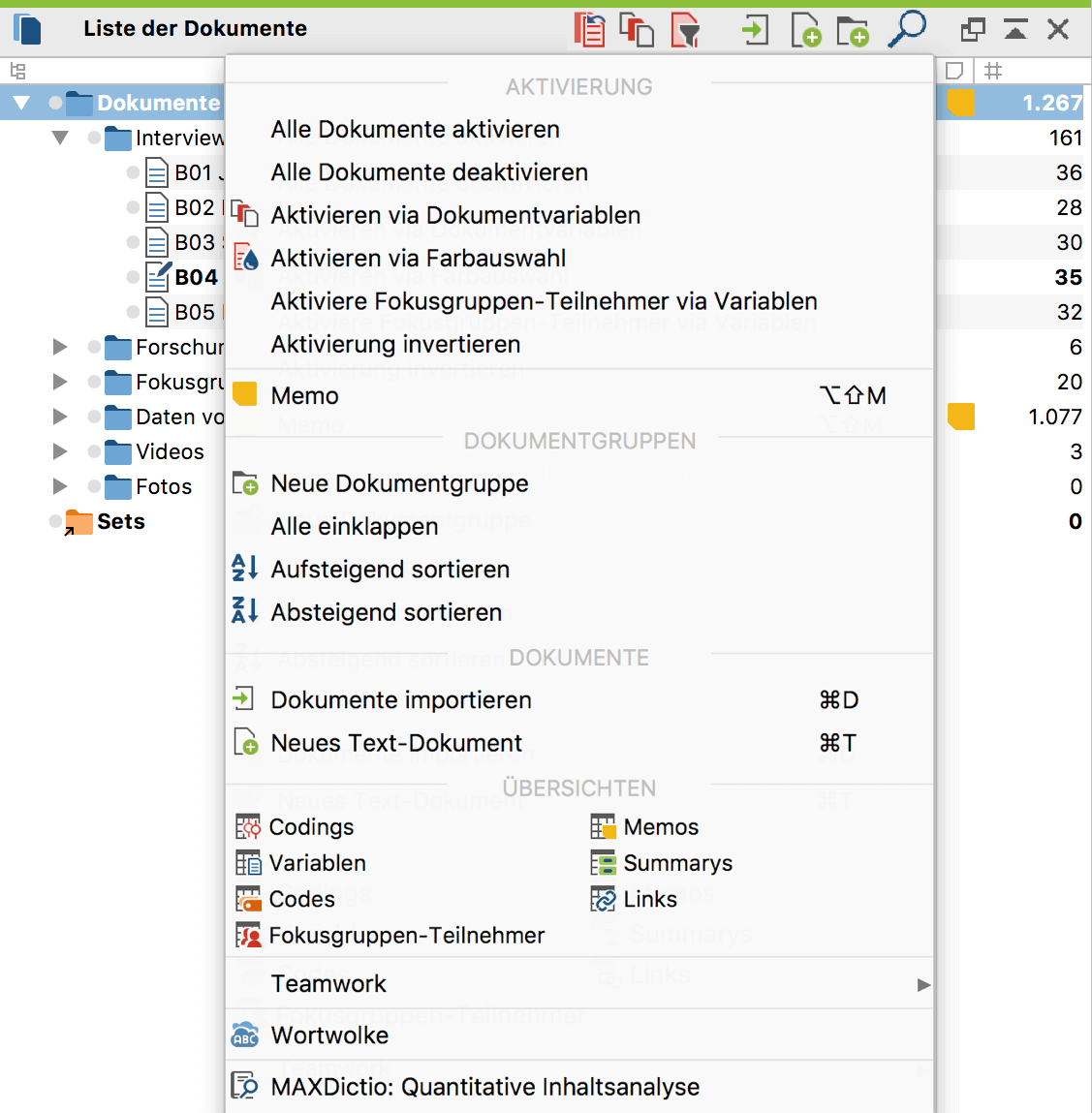 Kontextmenü der oberen Ebene im Fenster „Liste der Dokumente“ Kontextmenü der oberen Ebene im Fenster „Liste der Dokumente“