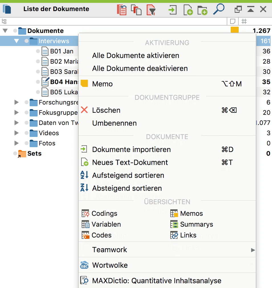 Kontextmenü der mittleren Ebene (Dokumentgruppe) im Fenster „Liste der Dokumente“ Kontextmenü der mittleren Ebene im Fenster „Liste der Dokumente“