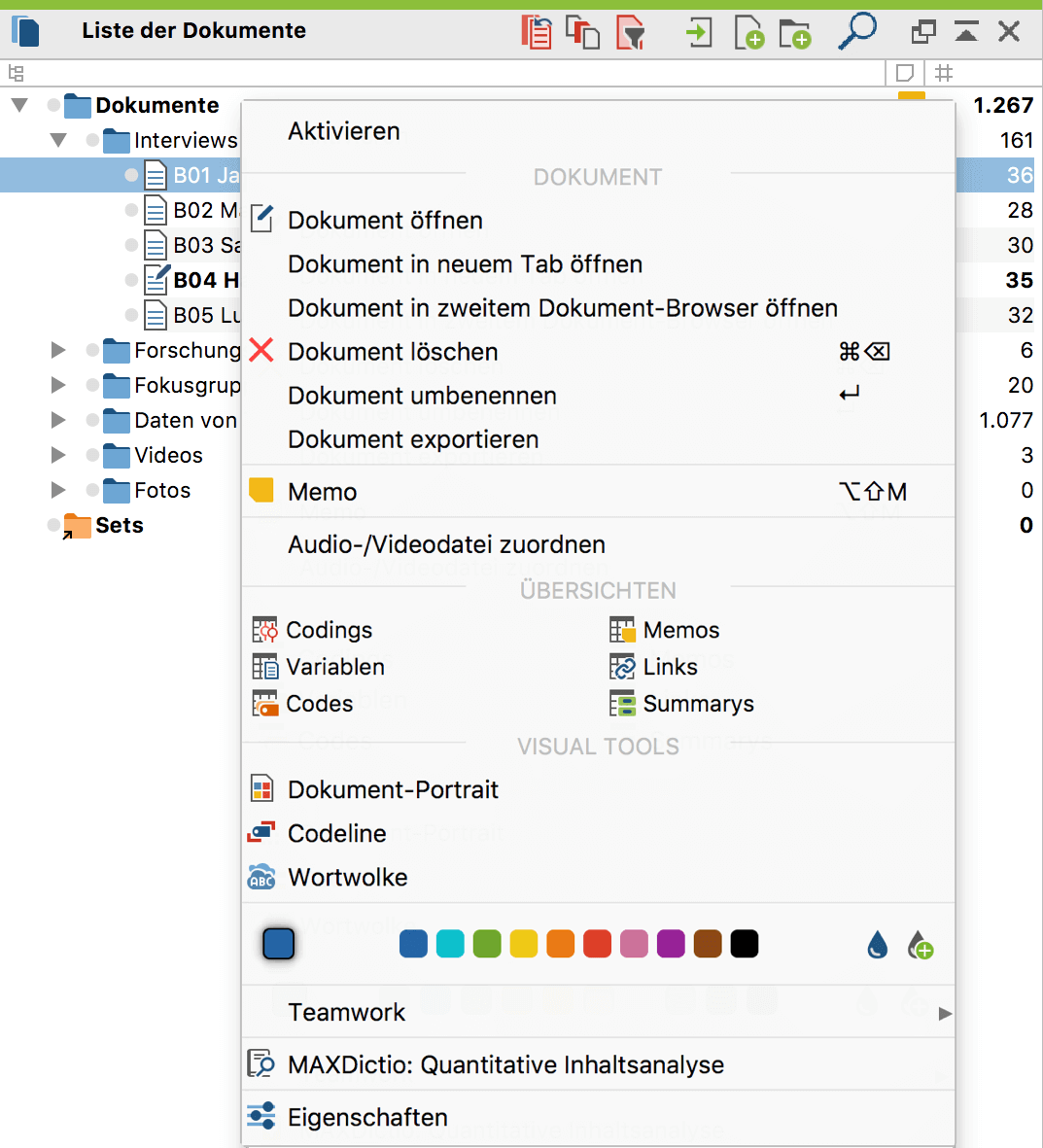 Kontextmenü der untersten Ebene (Dokument) im Fenster „Liste der Dokumente“ Kontextmenü der untersten Ebene (Dokument) im Fenster Liste der Dokumente