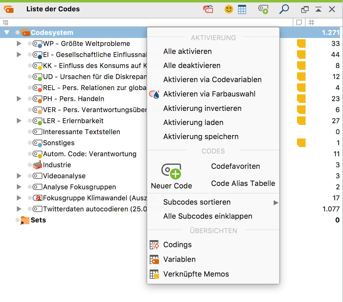 Kontextmenü der obersten Ebene im Fenster „Liste der Codes“ Kontextmenü der obersten Ebene im Fenster Liste der Codes