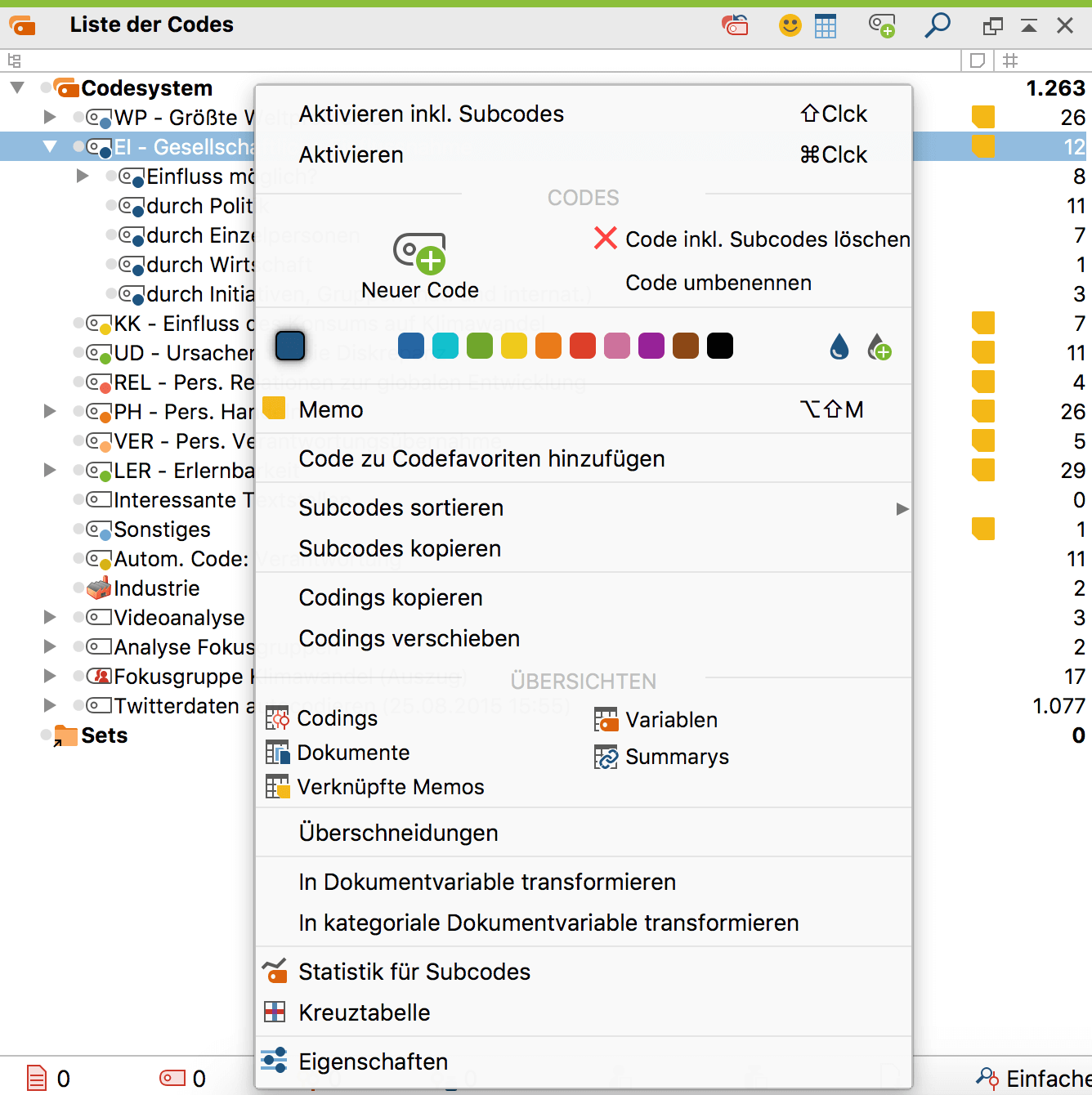 Kontextmenü auf der Ebene der Codes Kontextmenü auf der Ebene der Codes