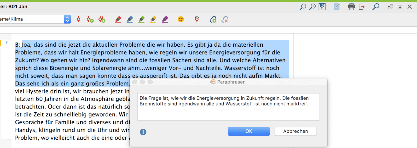 Fenster zur Eingabe der Paraphrase Fenster zur Eingabe der Paraphrase