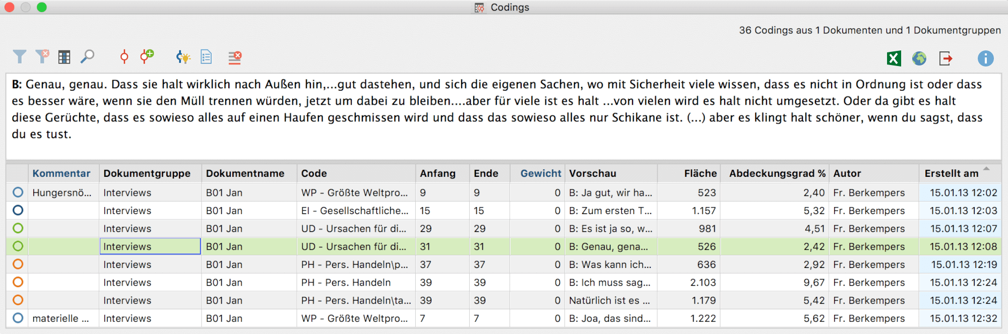 Zweigeteilte „Übersicht Codings“ Zweigeteilte „Übersicht Codings“