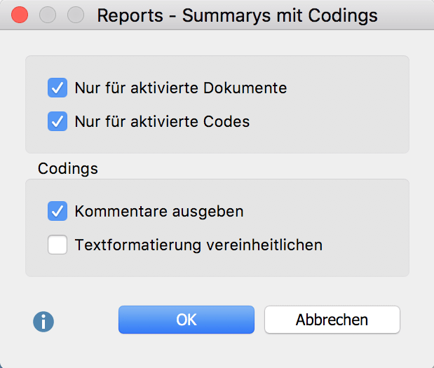 Optionen für den Report „Summarys mit codierten Segmenten“ einstellen Optionen für den Report „Summarys mit codierten Segmenten“ einstellen