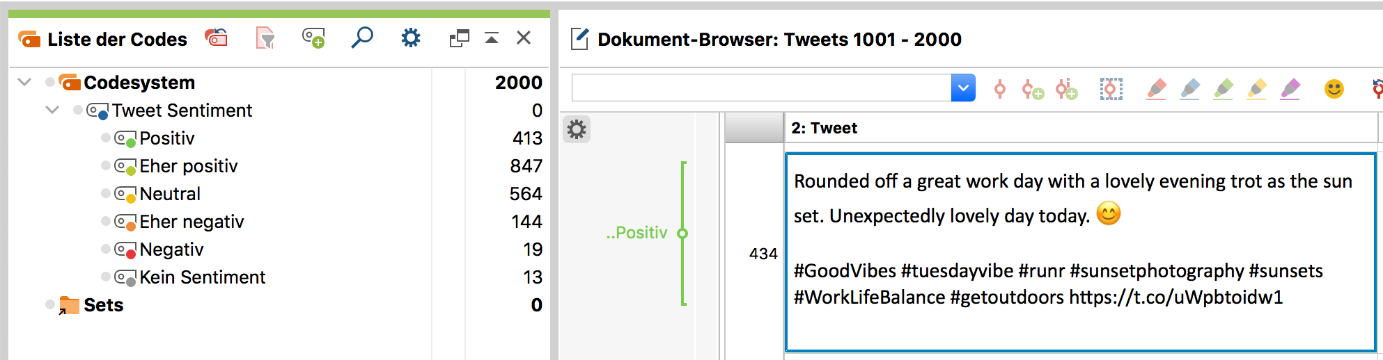 Sentiment-Codes in der „Liste der Codes“ (links); Codierung des Tweets im „Dokument-Browser“ (rechts) Sentiment-Codes in der „Liste der Codes“ (links); Codierung des Tweets im „Dokument-Browser“ (rechts)