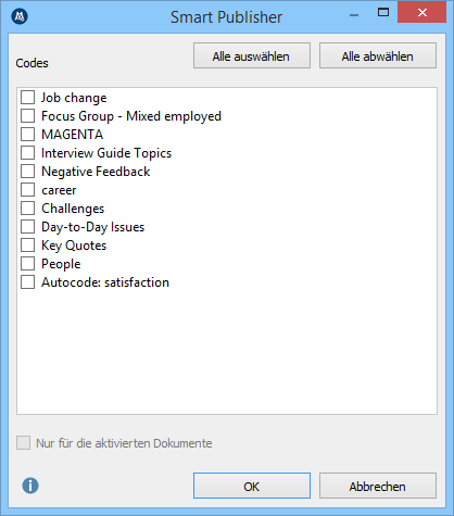 MAXQDA Smart Publisher Codeauswahl