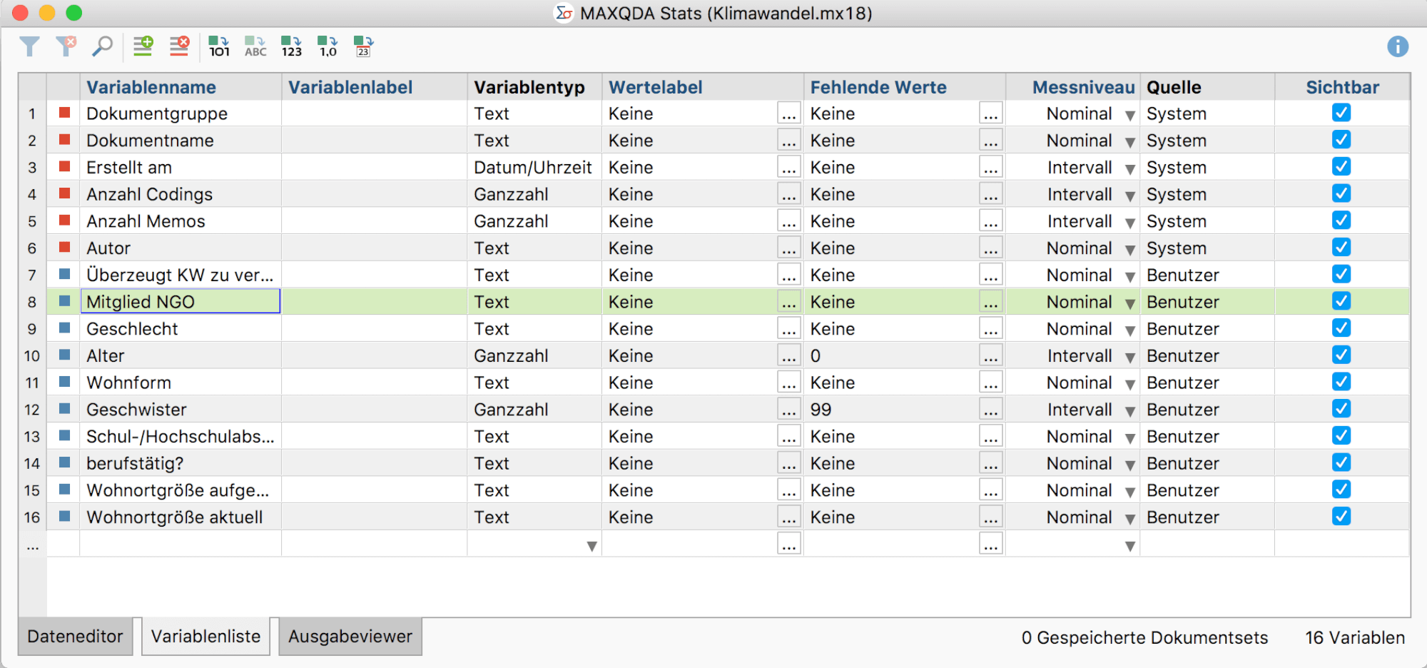 Die Variablenliste in MAXQDA Stats Die Variablenliste in MAXQDA Stats