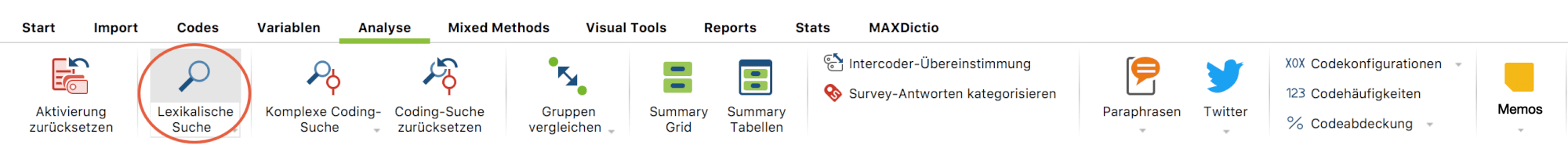 Lexikalische Suche über den Tab „Analyse“ aufrufen Lexikalische Suche über den Tab „Analyse“ aufrufen