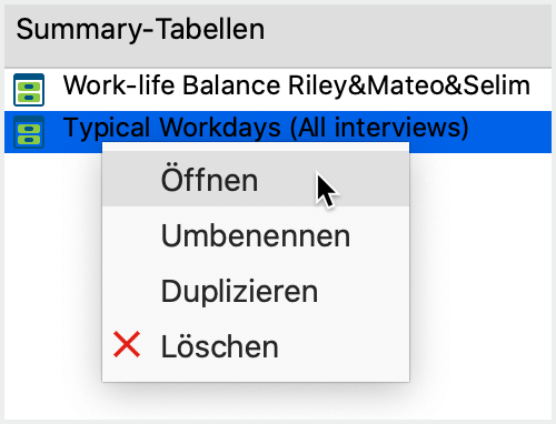 Kontextmenü auf einem Tabellen-Namen Kontextmenü auf einem Tabellen-Namen