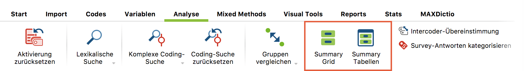 Summary-Funktionen auf dem Tab „Analyse“ Summary-Funktionen auf dem Tab „Analyse“