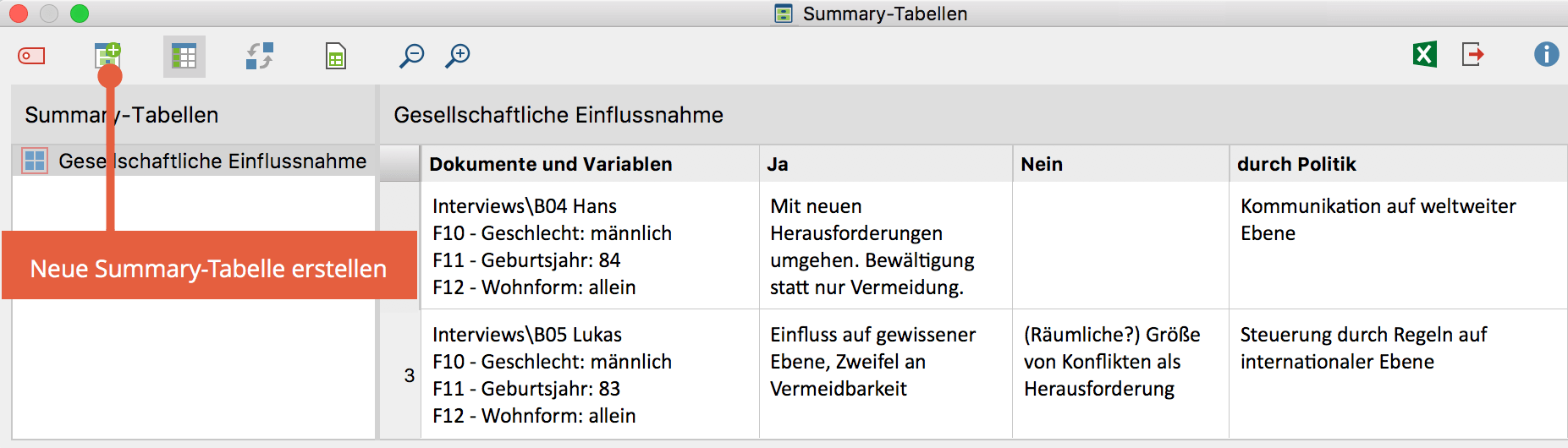 Das Fenster „Summary-Tabellen“ Das Fenster „Summary-Tabellen“