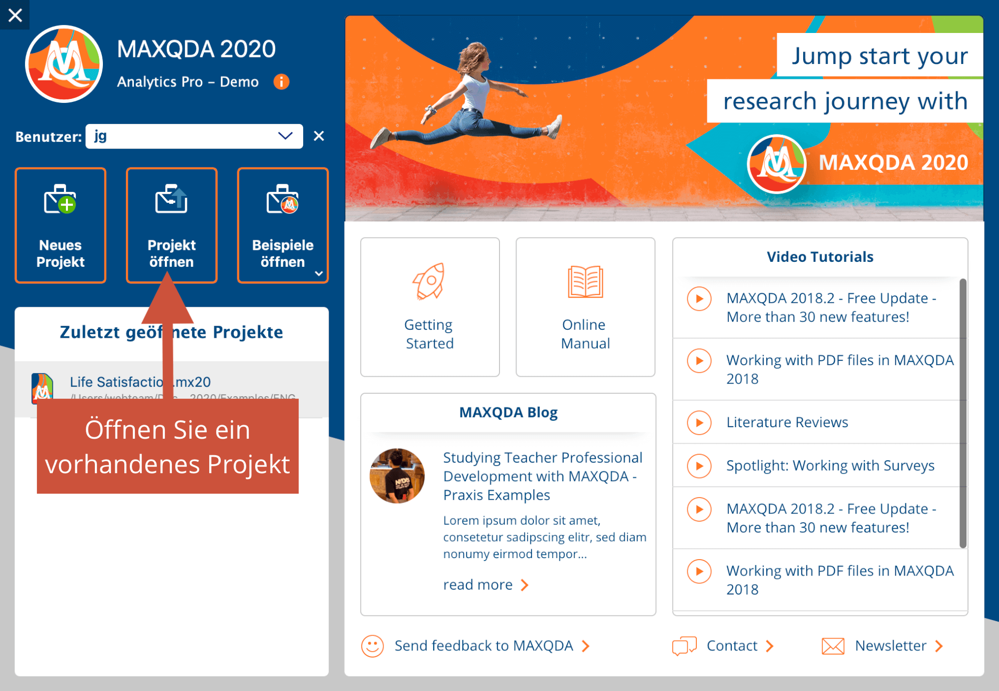 Ein vorhandenes Projekt im Startdialog öffnen