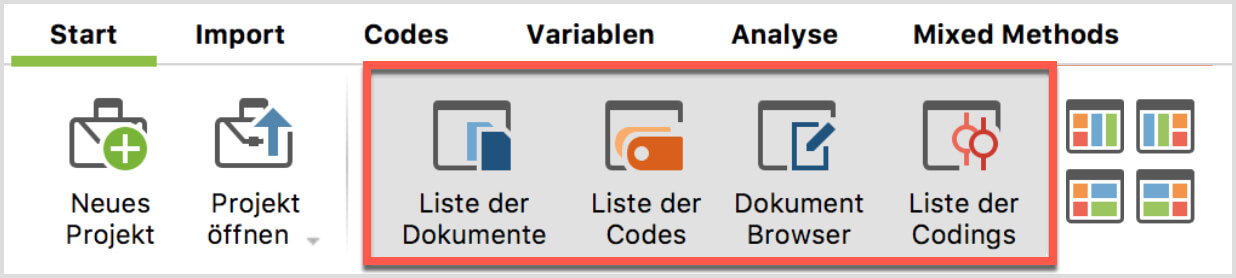 Symbole für das Ein- und Ausblenden der vier Hauptfenster Symbole für das Ein- und Ausblenden der vier Hauptfenster
