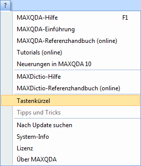 MAXQDA Menü für Tastenkombinationen