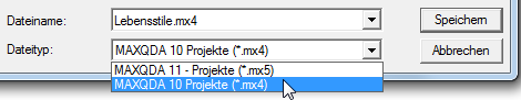 Wählen Sie als Dateityp .mx4 aus MAXQDA 11-Projekt für MAXQDA 10 abspeichern: Schritt 2