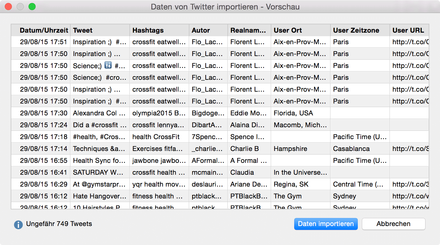 Qualitative Analyse von Twitter Tweets - Vorschau des Twitterimports in MAXQDA