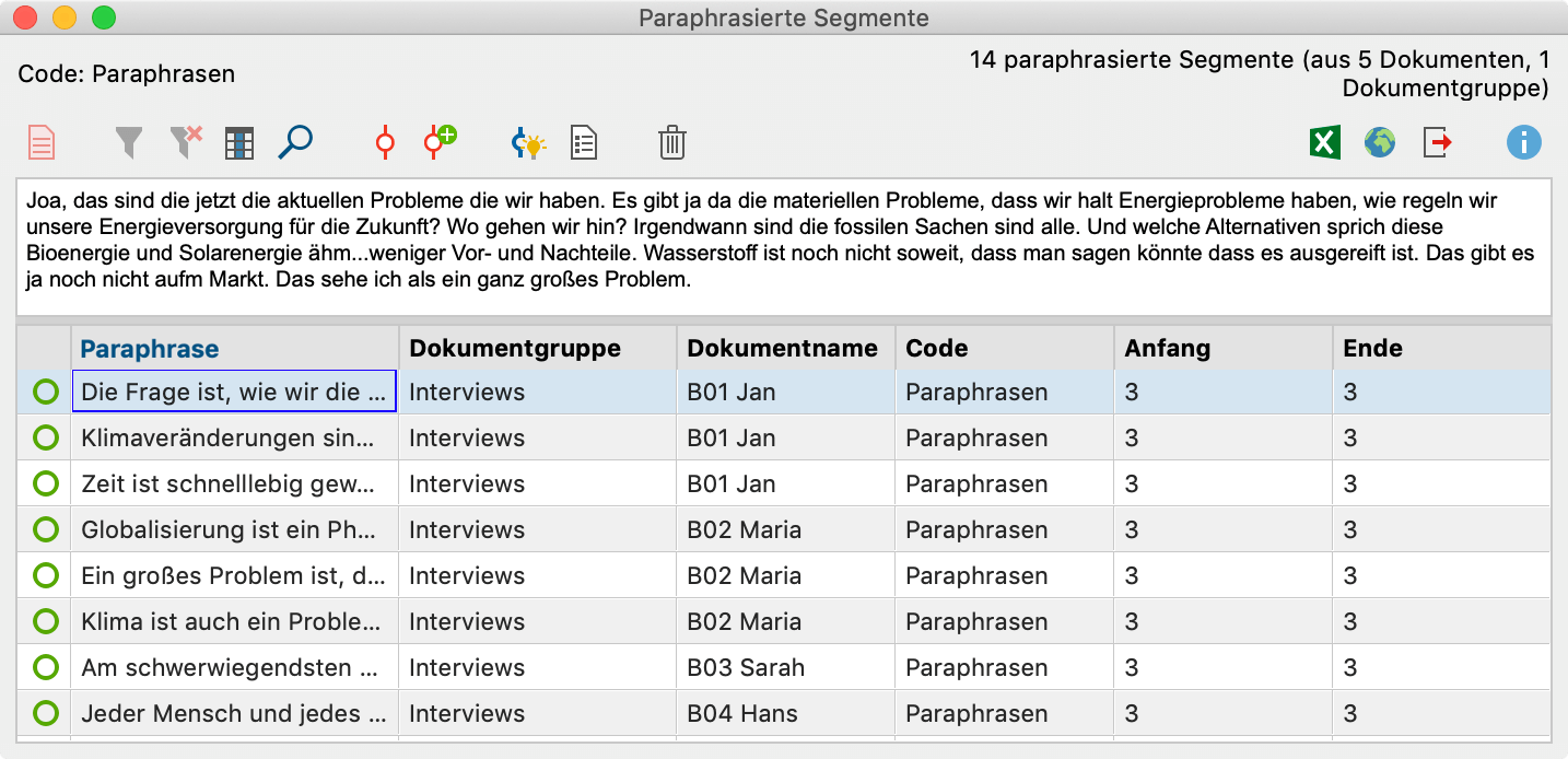 Die „Übersicht paraphrasierte Segmente“ Die „Übersicht paraphrasierte Segmente“
