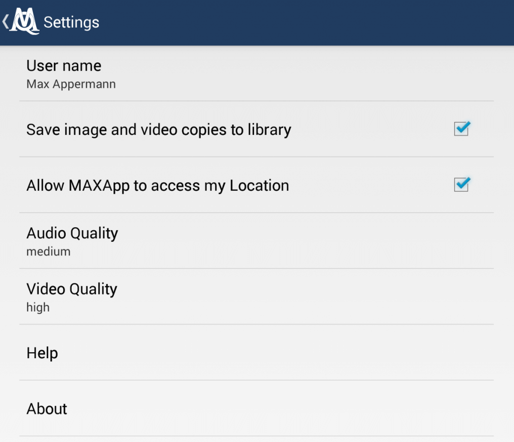 MAXApp settings and saving options