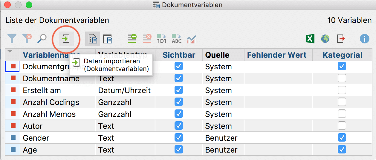 Icon zum Importieren von Daten in der „Liste der Dokumentvariablen“ Icon zum Importieren von Daten in der „Liste der Dokumentvariablen“