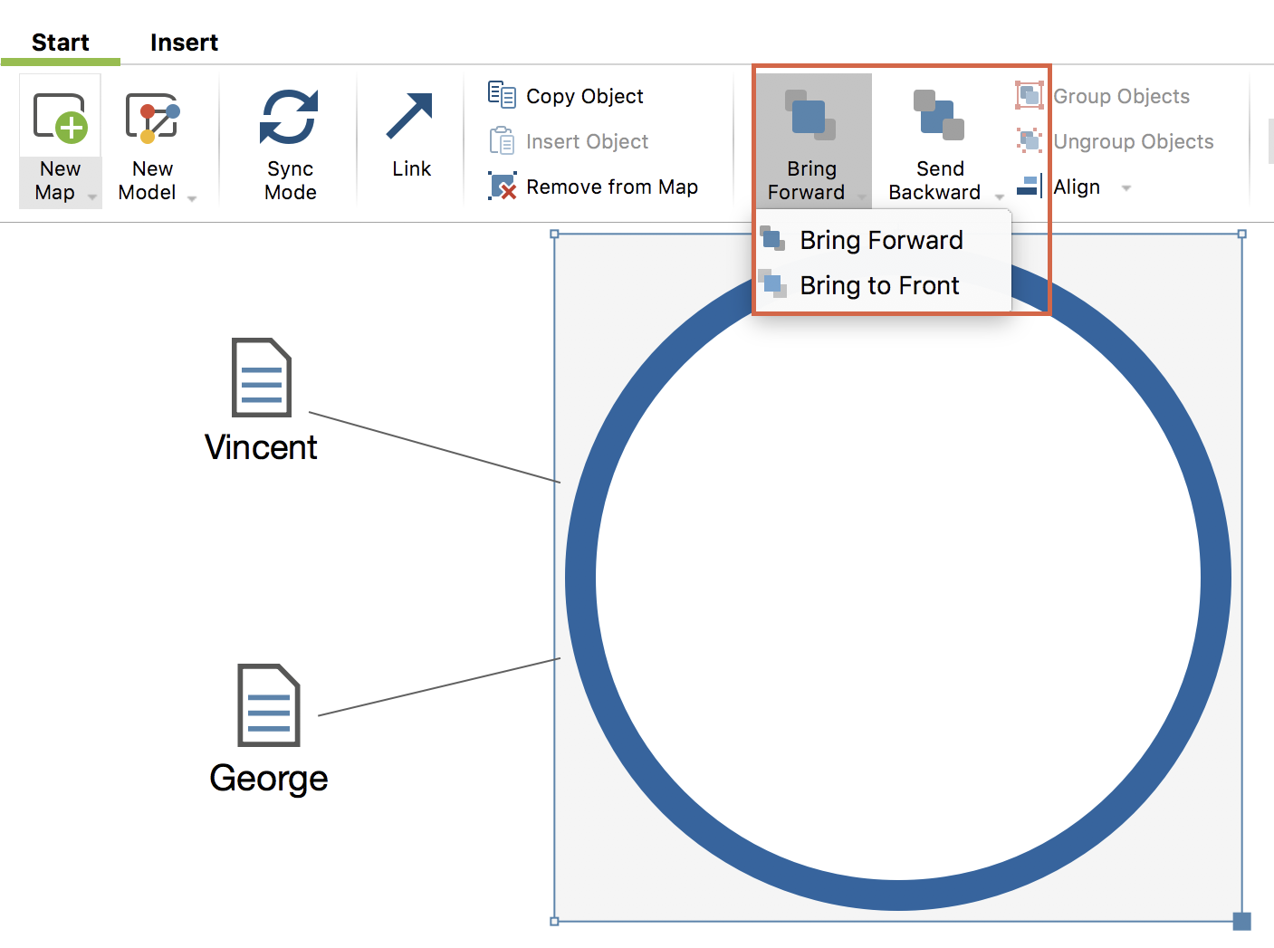 You can move objects further forward or back with the icons framed in red.