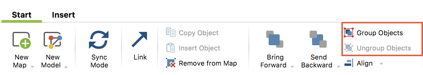You can group and ungroup objects with the icons framed in red.