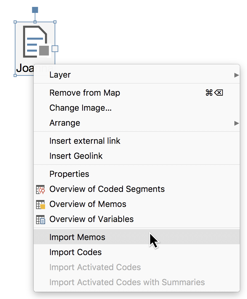 Context menu for the document icon in a map