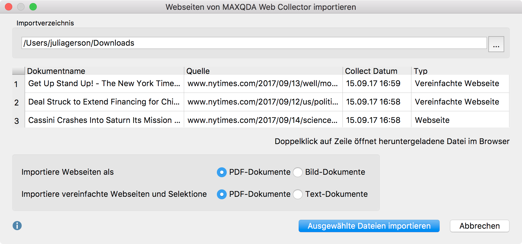 Dialog für den Import von Dokumenten, die mit dem Web Collector gespeichert wurden Dialog für den Import von Dokumenten, die mit dem Web Collector gespeichert wurden