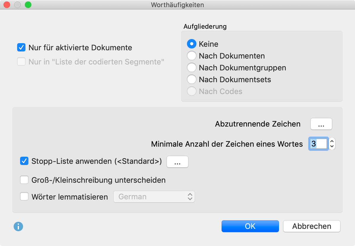 Das Dialogfenster der Funktion „Worthäufigkeiten“ Das Dialogfenster der Funktion „Worthäufigkeiten“
