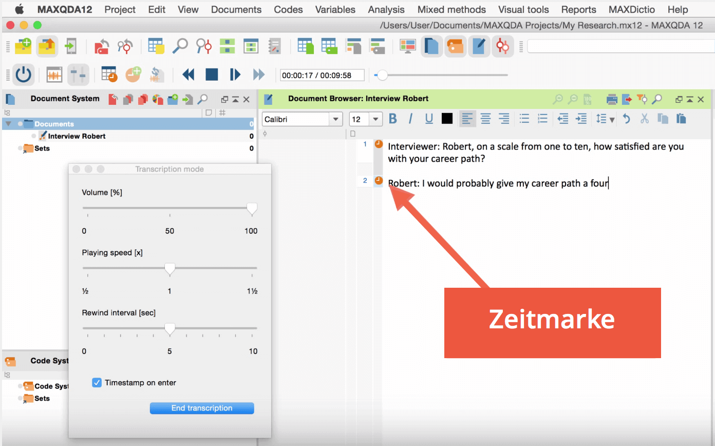 Zeitmarke Transcription Mode