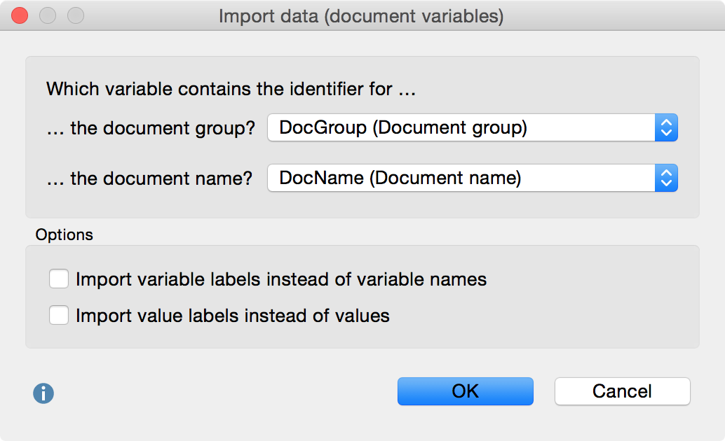 Options for importing a SPSS data file